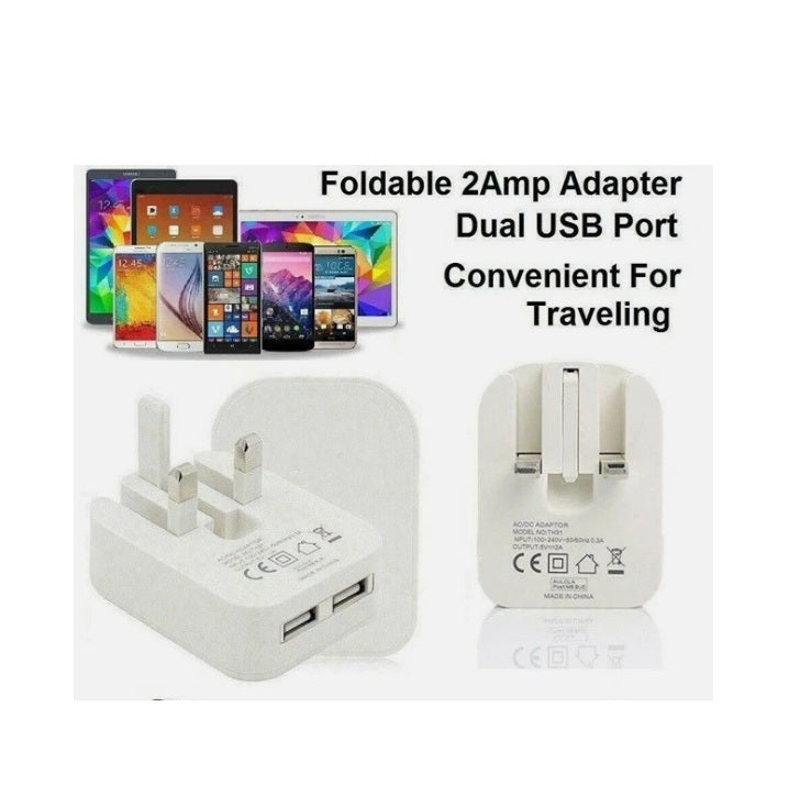 2.1A Fast Dual 2 Port USB Folding Potable Charger Mains Wall Plug Adapter 3 Pin - 2 Pack