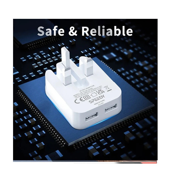 2.1A Fast Dual 2 Port USB Folding Charger Mains Wall Plug Adapter 3 Pin - 2 Pack