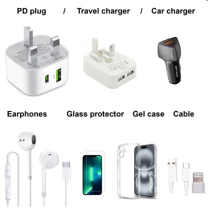 5 Pc accessories set for iPhone - PD Plug / Car charger / Folding charger + data cable + gel case + earphones + protector - Bundle deal