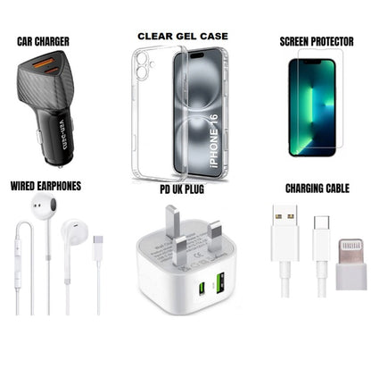 6 Pc Accessory set - Dual port PD Plug Charger + Car charger + Wired Earphones  + Data Cable + Screen protector + Gel case - Bundle for various iPhone models