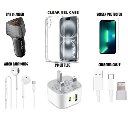 6 Pc Accessory set - Dual port PD Plug Charger + Car charger + Wired Earphones  + Data Cable + Screen protector + Gel case - Bundle for various iPhone models