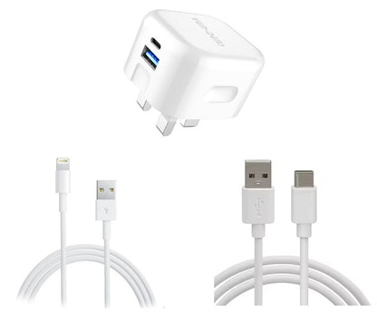 Fast Charging 20W USB-C Dual port PD Plug Charger + Data charging cable - Bundle for iPhone Samsung Pixel