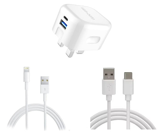 Fast Charging 20W USB-C Dual port PD Plug Charger + Data charging cable - Bundle for iPhone Samsung Pixel