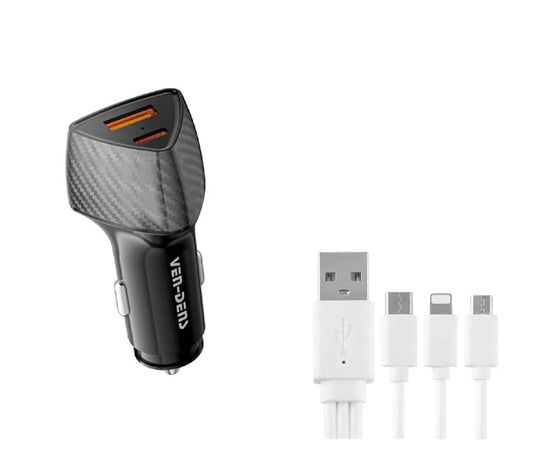Fast Car Charger 2 USB Port Type C Socket Adapter + Data Cable For iPhone Samsung - Bundle
