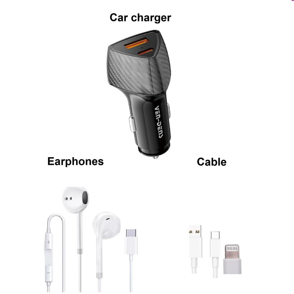 Fast Car Charger PD 38W Dual USB Cigarette Power Adapter + Cable + Earphone - Bundle
