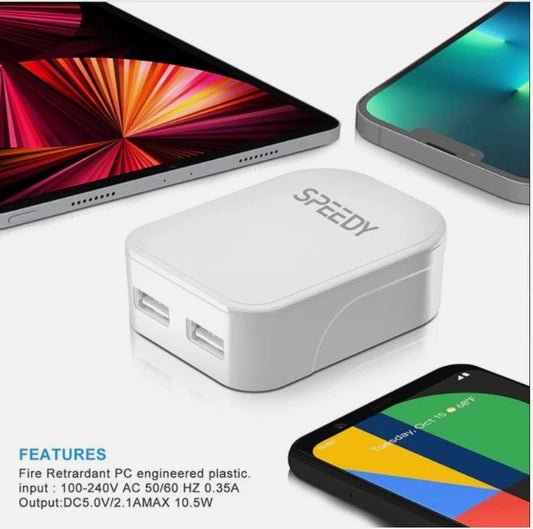 2.1A Fast Dual 2 Port USB Folding Charger Mains Wall Plug Adapter 3 Pin - 2 Pack