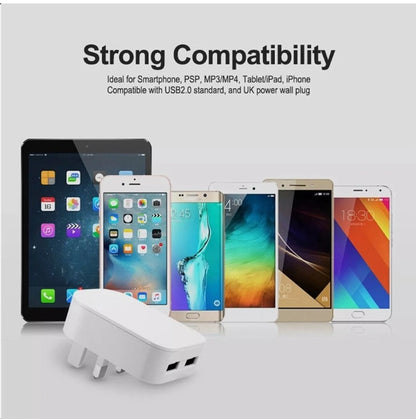 2.1A Fast Dual 2 Port USB Folding Potable Charger Mains Wall Plug Adapter 3 Pin - 2 Pack