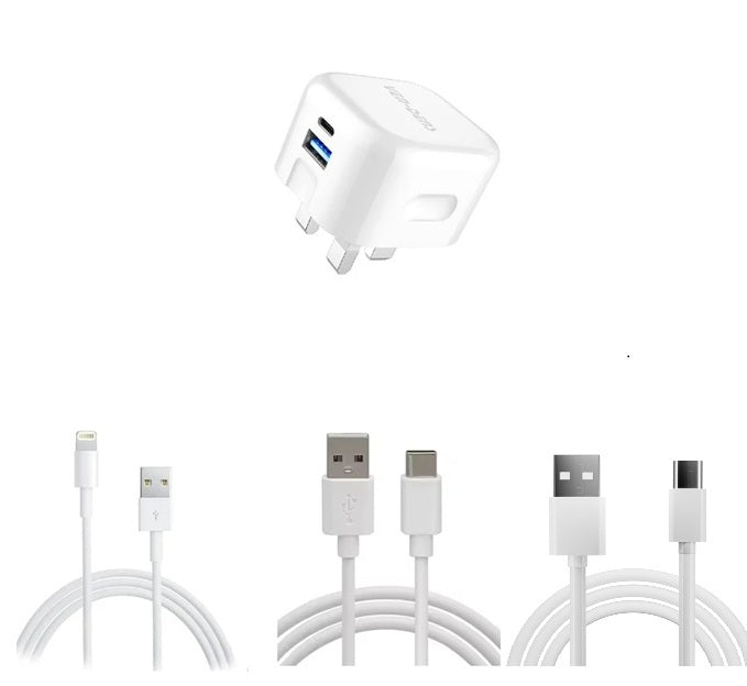 Fast Charging 20W USB-C Dual port PD Plug Charger +  8 Pin / Type C/ Micro  Data charging cable - Bundle for iPhone Samsung Google Pixel Huawei Moto
