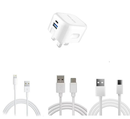 Fast Charging 20W USB-C Dual port PD Plug Charger +  8 Pin / Type C/ Micro  Data charging cable - Bundle for iPhone Samsung Google Pixel Huawei Moto