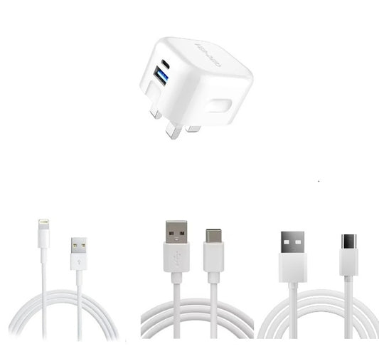 Fast Charging 20W USB-C Dual port PD Plug Charger +  8 Pin / Type C/ Micro  Data charging cable - Bundle for iPhone Samsung Google Pixel Huawei Moto