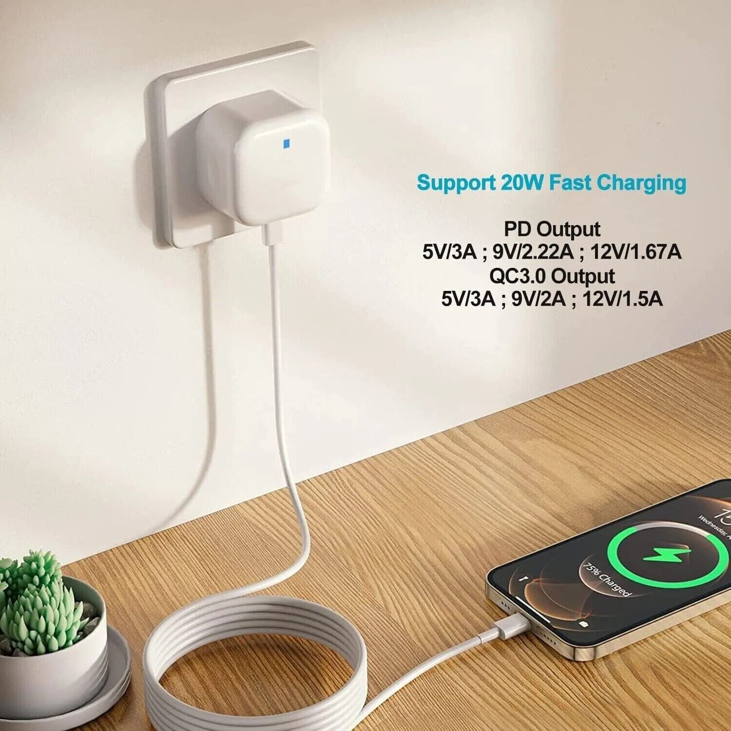 Fast Charging 20W USB PD Plug Charger + Charging Cable 8 Pin / Type C Cable for Samsung iPhone Pixel - Bundle